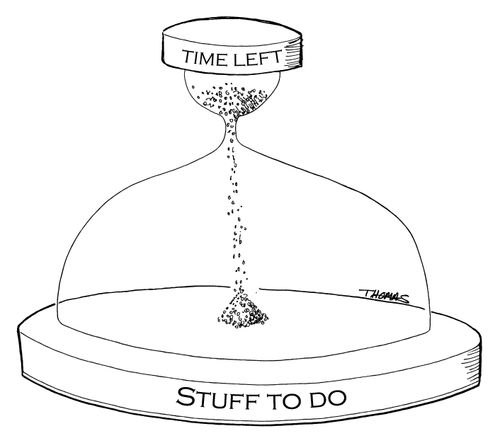 Hourglass small at top (time left), big at bottom (stuff to do).