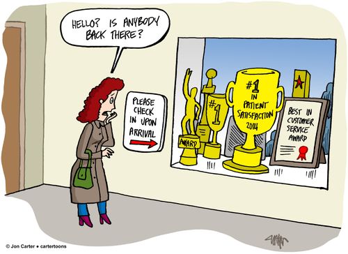 Patient can't find help at doctor office window because of awards.