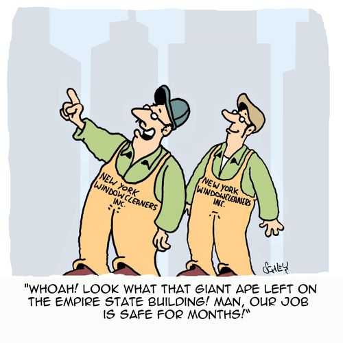 'WHOAH! look what that giant ape left on the Empire State Building! Man, our job is safe for months!'