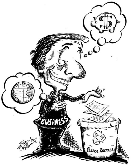 'Business' recycling, heart thinking planet, head thinking money
