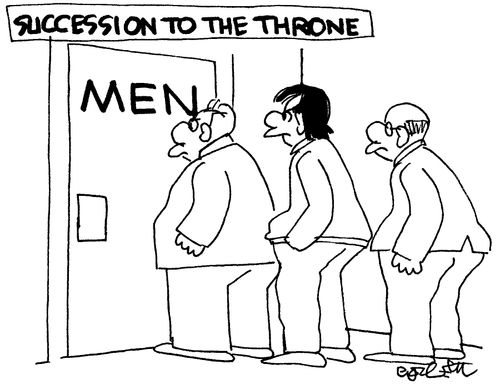 Succession to the throne: Men in line for the men's room.