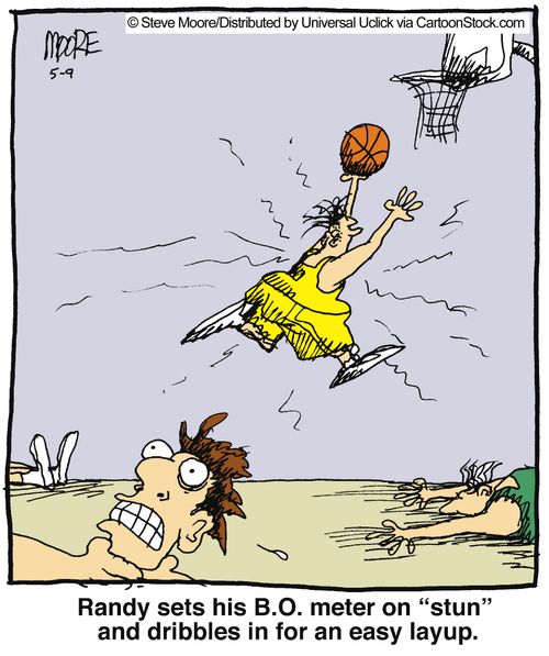Randy sets his B.O. meter on 'stun' and dribbles in for an easy layup.