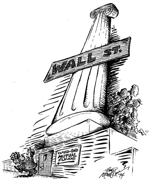 Man leaving 'Wall St, closed-end mutual funds' building with hand full of money.
