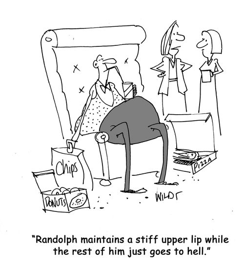 Randolph maintains a stiff upper lip while the rest of him just goes to hell.