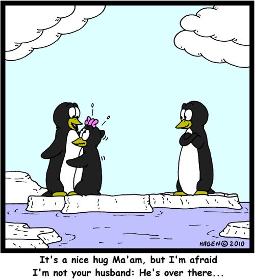 'It's a nice hug Ma'am, but I'm afraid I'm not your husband: He's over there...'