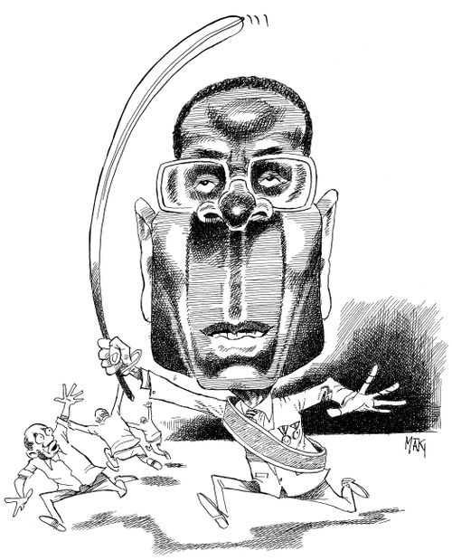 Robert Mugabe chases people off with a sword.