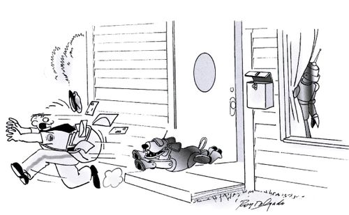 Robot dog chases postman.