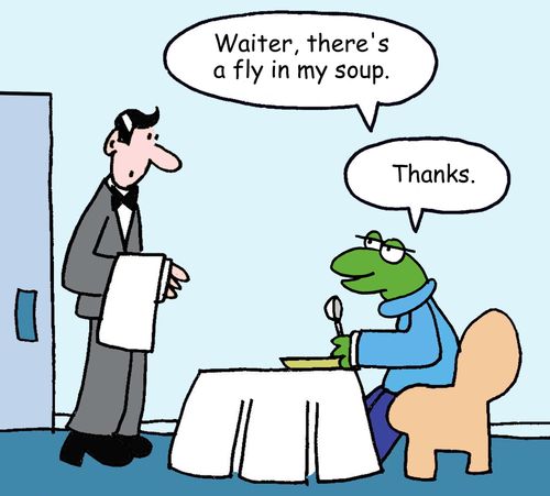 'Waiter, there's a fly in my soup. Thanks.'