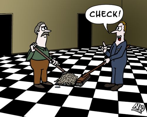 Two cleaners face-off on a checked floor - "Check!"