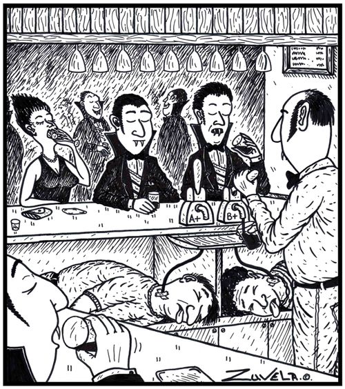 Vampires enjoying a drink of fresh blood from their human kegs under the bar.
