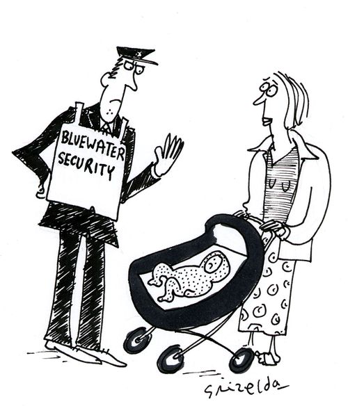 Bluewater security man stopping baby with hood.