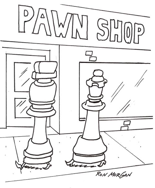 Chess king and queen walk toward pawn shop.