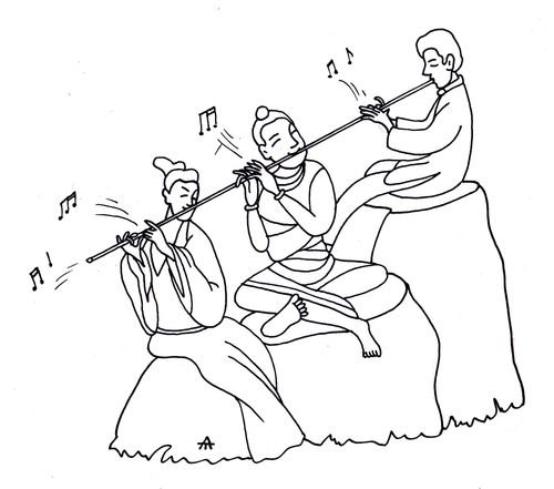 Three people playing on the same flute.