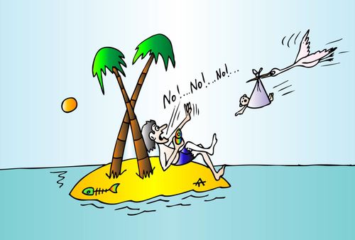 Stork delivering a baby to a desert island.