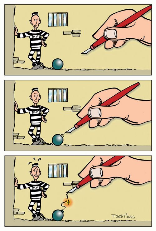Cartoonist draws bomb next to prisoner.
