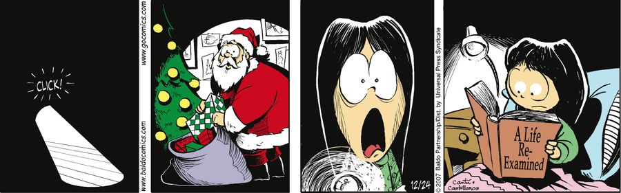 Gracie sees Santa and reads "A Life Re-Examined".