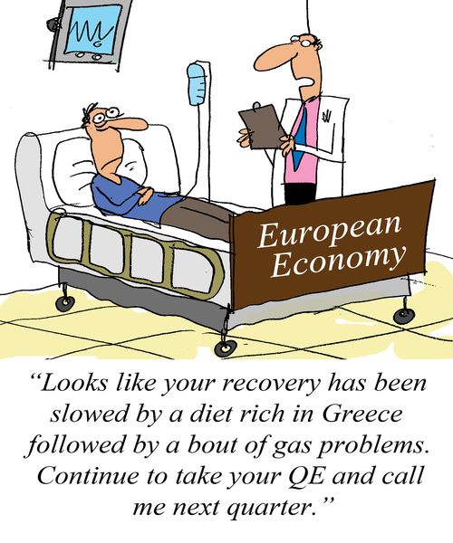 'Looks like your recovery has been slowed by a diet rich in Greece, followed by a bout of gas problems.  Continue to take your QE and call me next quarter.'