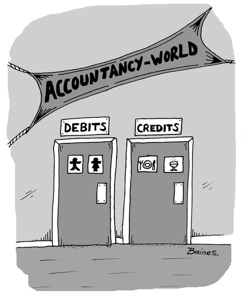 Toilets / Bar at accountants conference labelled debits and credits.