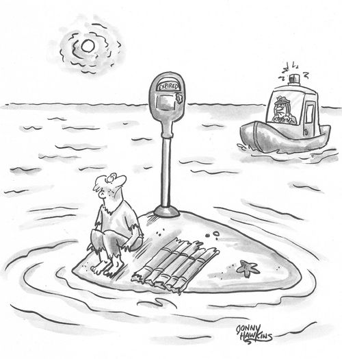Man on desert island under expired parking meter, meter maid in boat approaches.