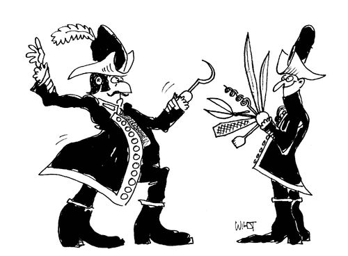 Pirate with hook confronts pirate with swiss army knife hand.