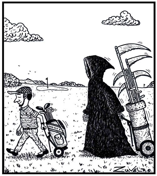 A golfer unknowingly being stalked by the Grime Reaper pulling his special range of scythes.