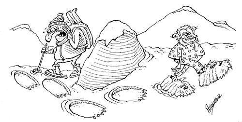 Explorer seeing large footprints left by slippers.