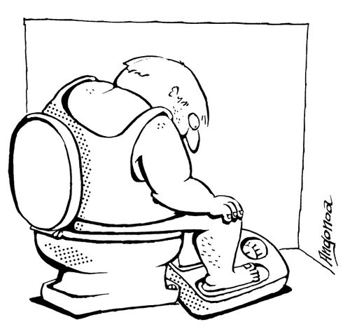 Fat man weighing himself while on the toilet