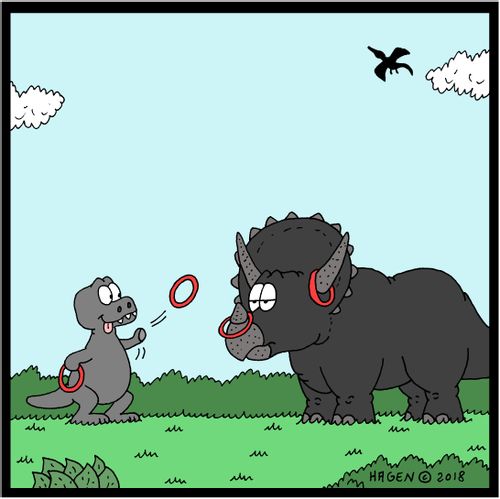 A baby T-rex throws hoops onto a triceratops's horns.