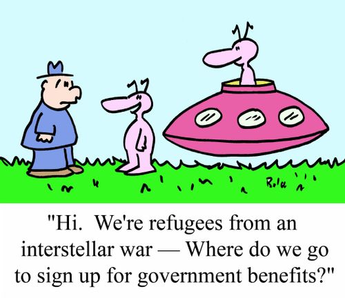 "Hi. We're refugees from an interstellar war -- Where do we go to sign up for government benefits?"