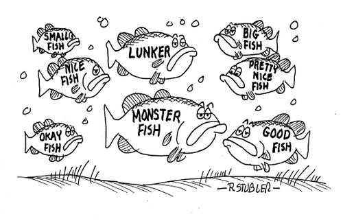 Fish underwater with sizes written on them.