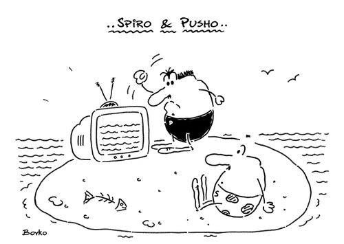Spiro & Pusho watching tv on an island.