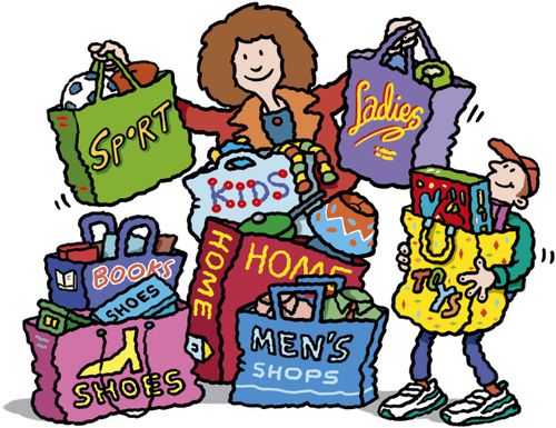 Mother and son loaded with shopping bags from various stores.