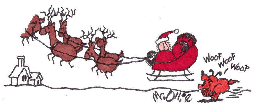 A dog chases Santa's sleigh.
