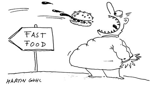 Fat man catching a flying burger near a 'Fast Food' sign
