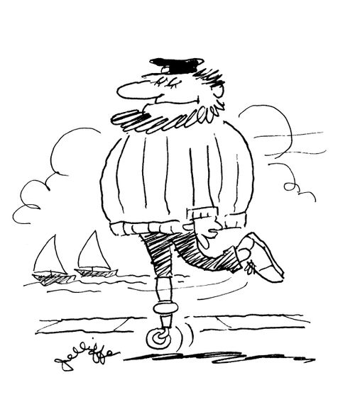 Peg-legged sailor on a wheel.