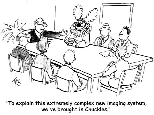 'To explain this extremely complex new imaging system, we've brought in Chuckles.'