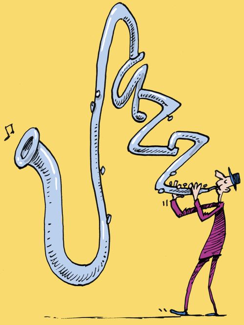 Man playing large saxophone in shape of the word 'jazz'.