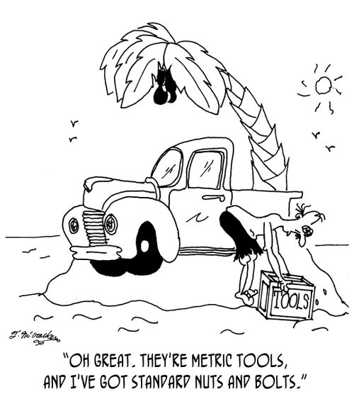 'Oh great. They're metric tools, and I've got standard nuts and bolts.'