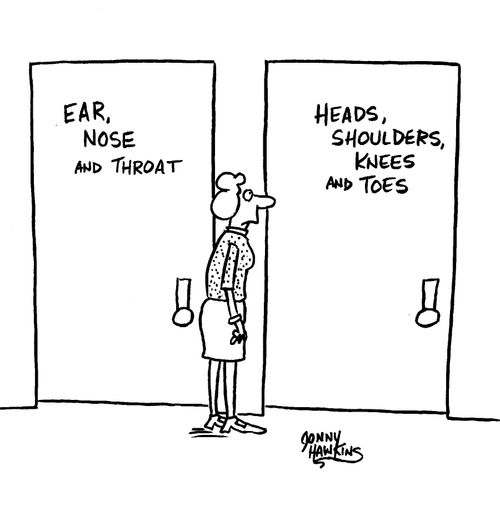 Lady sees door sign next to ENT: 'Heads, Shoulders, Knees and Toes'.