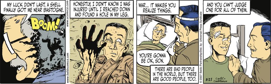 "The luck didn't last. A shell finally got me near Batogne. Honestly, I didn't know I was injured until I reached down and found a hole in my leg. It makes you realize things."