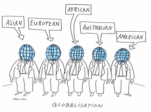 'Globalisation' Men with globes for heads labled after the five continents