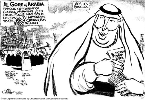 Al Gore of Arabia. Famous opponent of global warming and fossil fuels, has sold his small TV network to oil rich Qatar for $500 million.