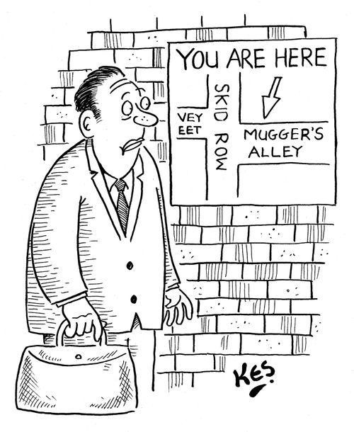 Man by 'You are here' sign realises that he's in a bad neighbourhood.