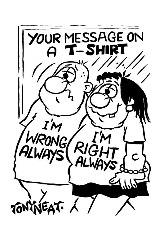 Messages on T-Shirts: 'I'm wrong always' and 'I'm right always'.