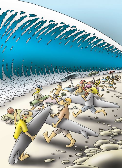 Tsunami and Surfers.