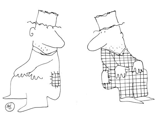 Two tramps discover their clothes have been used to patch each other's garments.