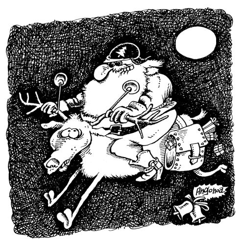 Hell's angel Santa riding reindeer like a moterbike
