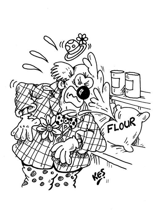 A bag of flour squirts into clown's face.