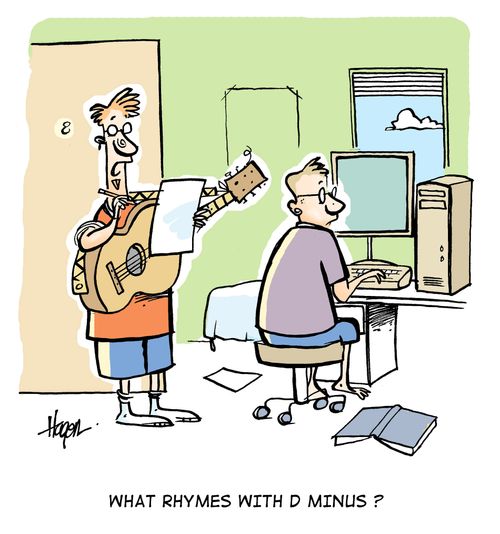 'What rhymes with D minus?'