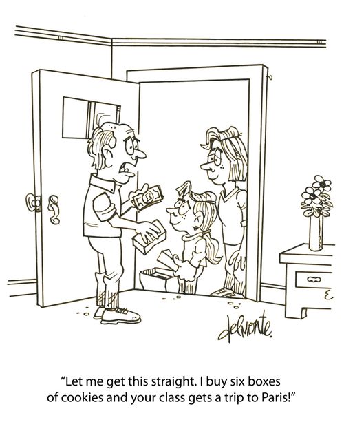 'Let me get this straight. I buy six boxes of cookies and your class gets a trip to Paris!'